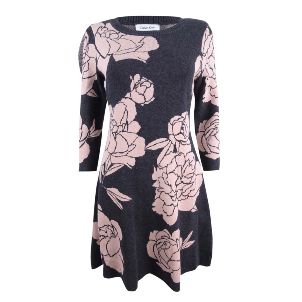 Calvin Klein Charcoal Fit & Flare Sweater Dress with Blush Florals Size Large